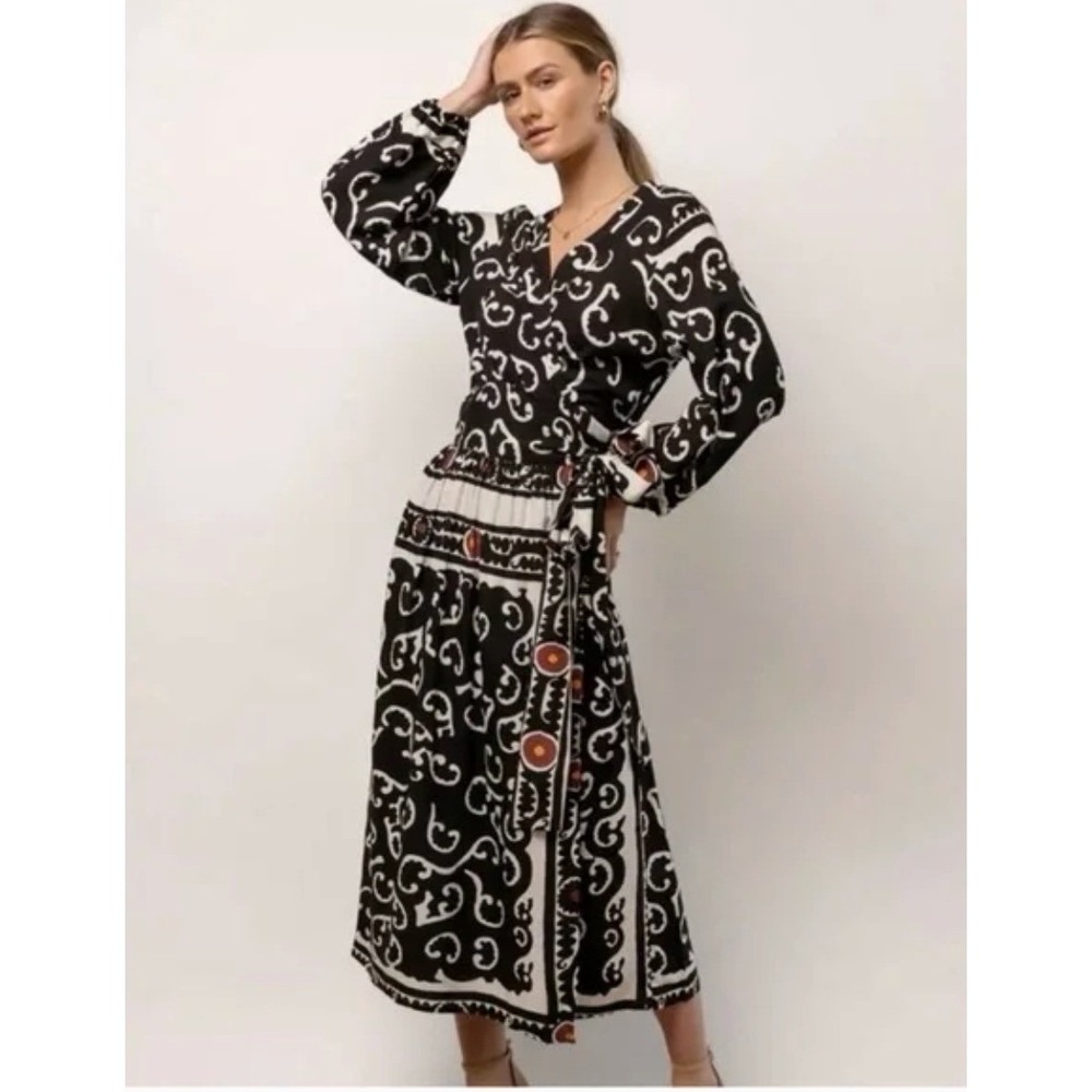 Bohme Porter Scroll Print Wrap Maxi Dress XS Black White Boho Cottagecore EUC